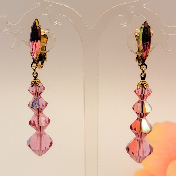 Vintage Lewis Segal Pink Swarovski Crystal Dangle Clip-On Earrings - Picture 3 of 7